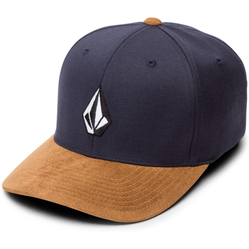volcom-curved-brim-midnight-blue-full-stone-hthr-xfit-navy-blue-fitted-cap-with-brown-visor
