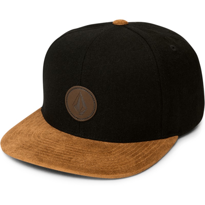 volcom-flat-brim-charred-quarter-fabric-black-snapback-cap-with-brown-visor