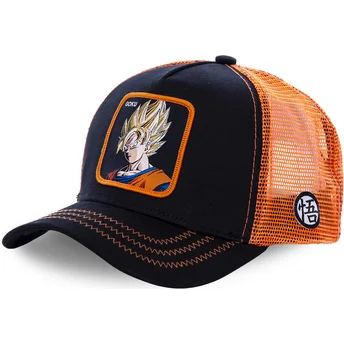 Schwarze und orangefarbene Son Goku Super Saiyan GO3 Dragon Ball Trucker-Kappe von Capslab