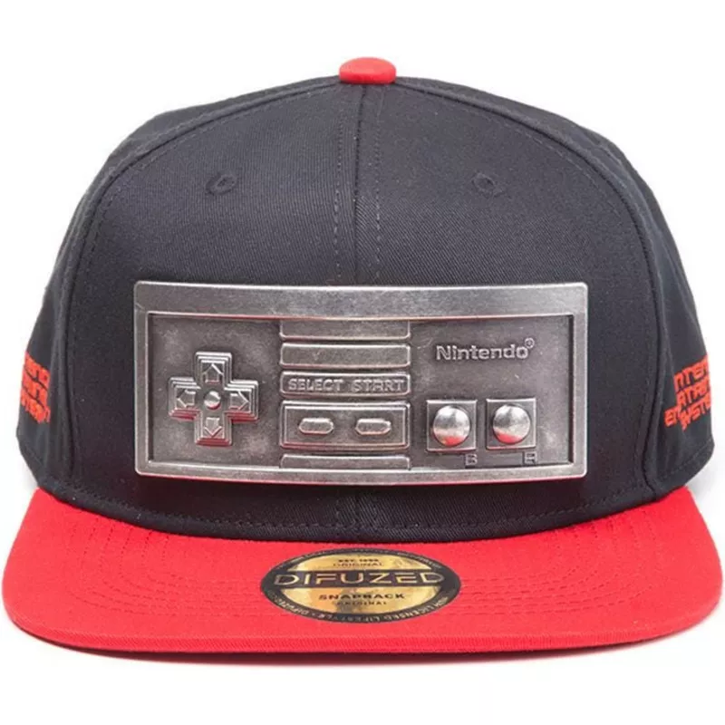difuzed-flat-brim-nes-metal-plate-controller-nintendo-black-and-red-snapback-cap