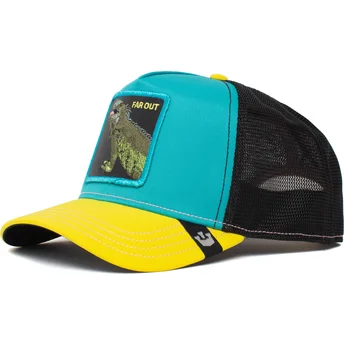 Gorra trucker azul, negra y amarilla Far Out Iguana Party The Farm de Goorin Bros.