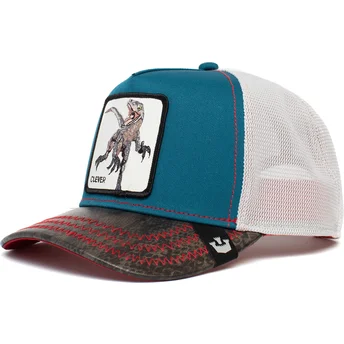 gorra-trucker-azul-blanca-y-negra-dinosaurio-velociraptor-clever-swift-robber-the-farm-de-goorin-bros