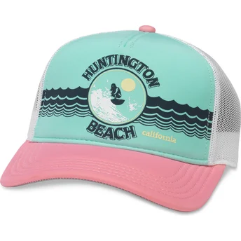 Gorra trucker verde, blanca y rosa snapback Huntington Beach California Riptide Valin de American Needle