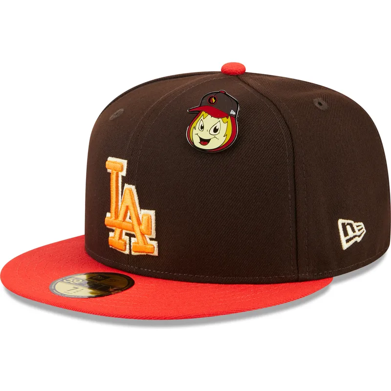 braune-und-rote-anliegende-59fifty-flatcap-the-elements-fire-pin-der-los-angeles-dodgers-mlb-von-new-era