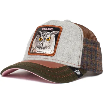 gorra-trucker-gris-marron-y-verde-buho-cum-laude-ass-play-the-farm-de-goorin-bros