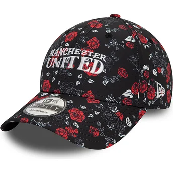 Gorra curva negra y roja ajustable 9FORTY Floral All Over Print de Manchester United Football Club Premier League de New Era