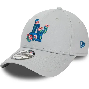 Gorra curva gris ajustable 9FORTY Flower Icon de Los Angeles Dodgers MLB de New Era