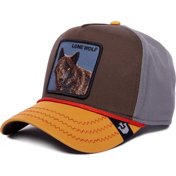 gorra-curva-marron-gris-y-naranja-snapback-lobo-lone-wolf-100-the-farm-all-over-canvas-de-goorin-bros