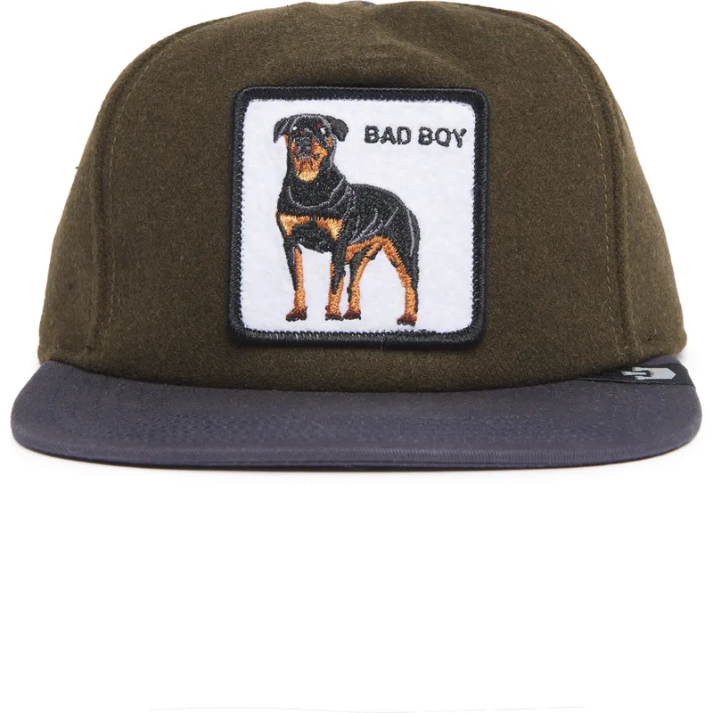 plaska-czapka-zielono-niebieska-snapback-pies-rottweiler-bad-boy-top-dog-the-farm-flats-od-goorin-bros