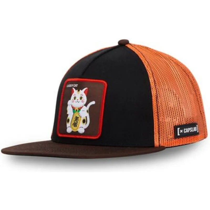 czapka-plaska-trucker-czarna-i-pomaranczowa-maneki-neko-lucky-cat-luc-od-capslab