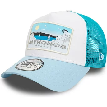 New Era A Frame Summer Cities and Beaches Mykonos White and Blue Trucker Hat