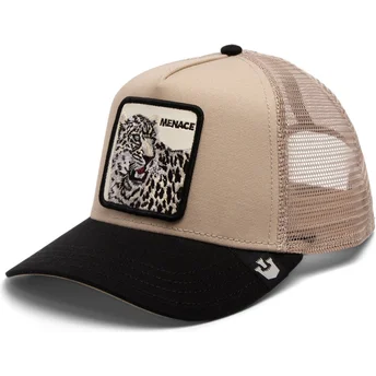 Gorra trucker beige y negra leopardo Menace The Snow Leopard Big Cats The Farm de Goorin Bros.