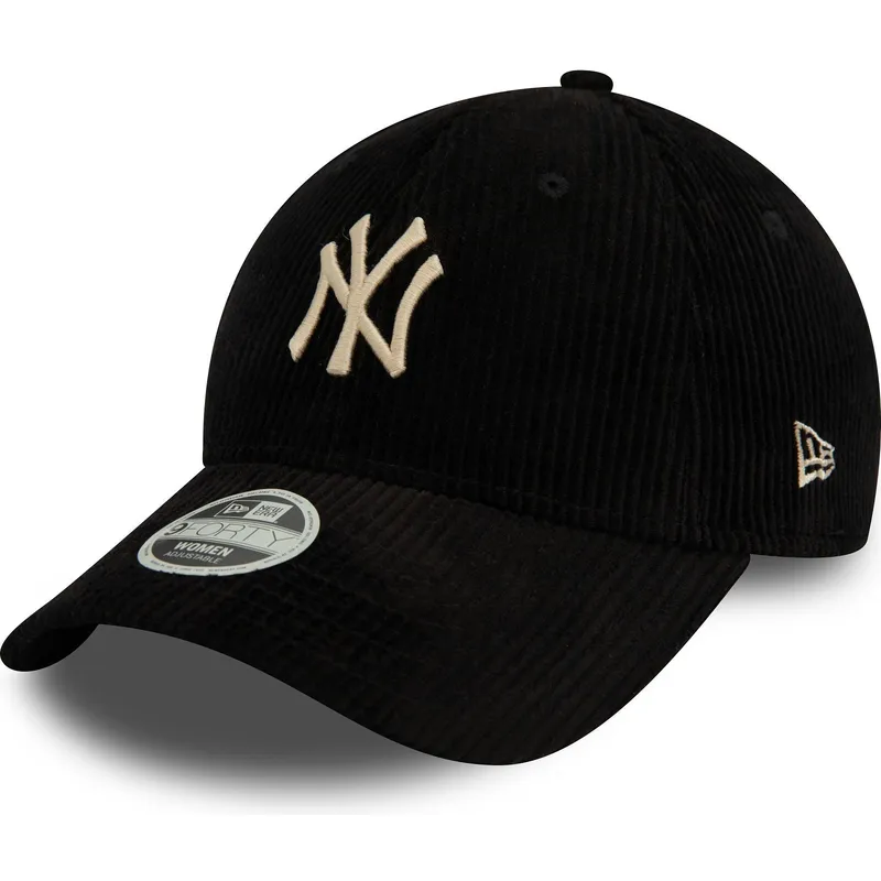9forty-cord-verstellbare-schwarze-damenkappe-mit-gebogenem-schirm-und-beigem-logo-der-new-york-yankees-mlb-von-new-era