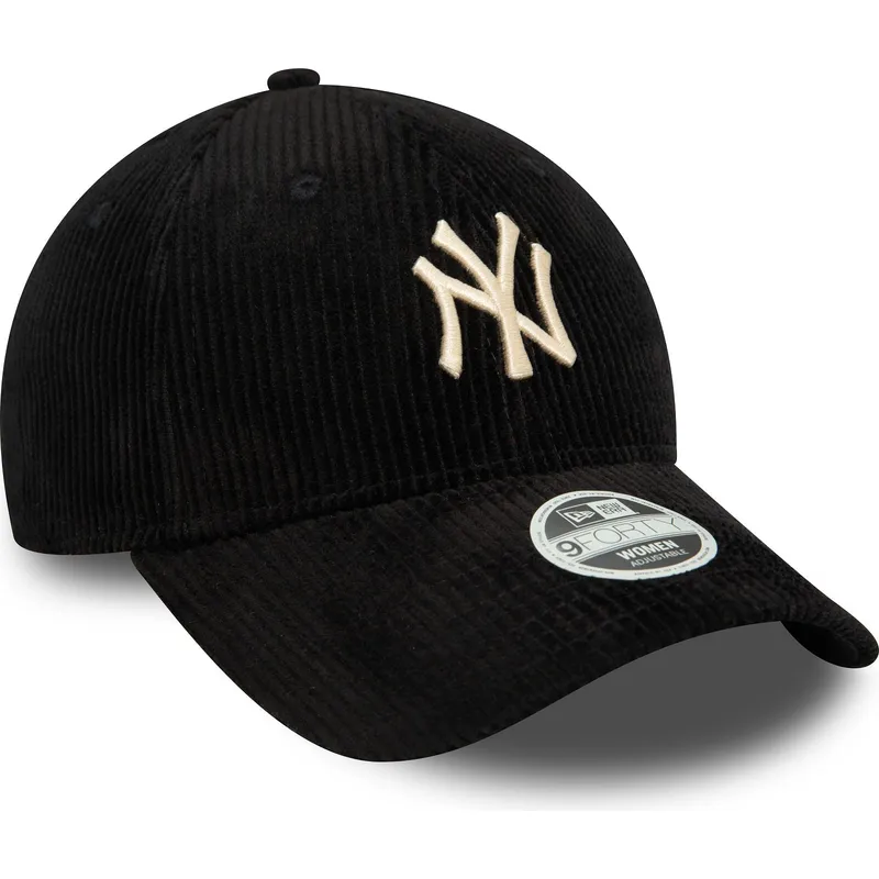 9forty-cord-verstellbare-schwarze-damenkappe-mit-gebogenem-schirm-und-beigem-logo-der-new-york-yankees-mlb-von-new-era