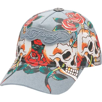 Justerbar blå kurvad keps med Skull Rose Denim-motiv från Ed Hardy