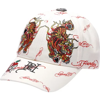 Justerbar beige böjd keps med Tiger Flames från Ed Hardy