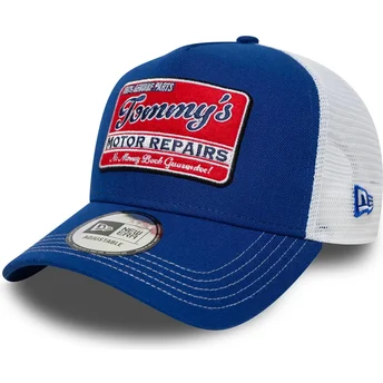 New Era 9FORTY A Frame Vintage Motor Repairs Blue and White Trucker Hat