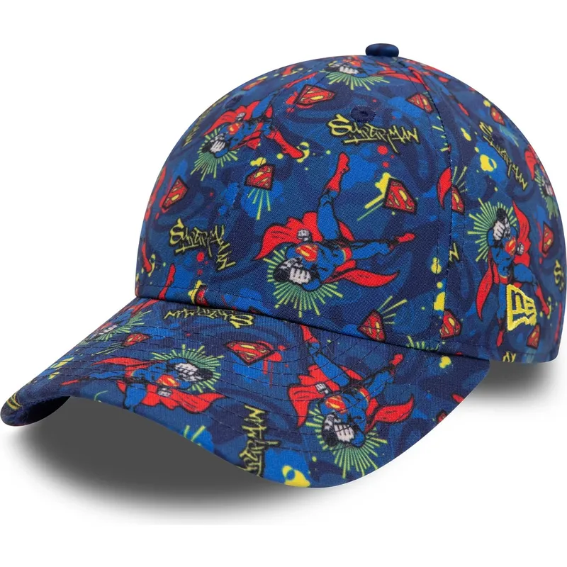 9forty-all-over-print-new-era-dc-comics-superman-kinder-cap-mit-gebogenem-schirm-in-marineblau