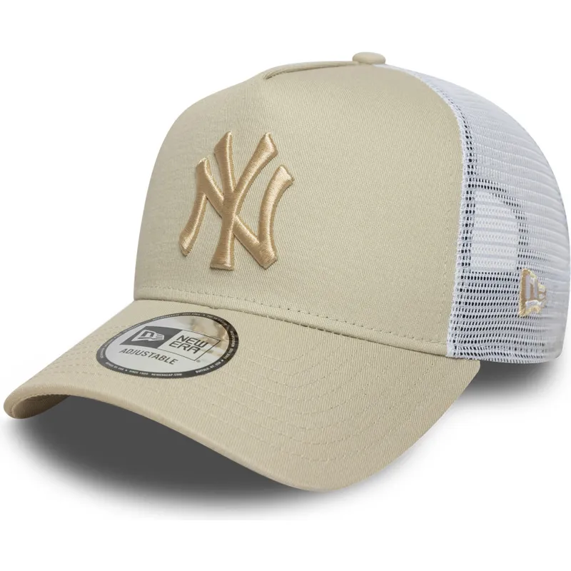 beige-weisse-trucker-cap-mit-beigem-logo-a-frame-league-essential-der-new-york-yankees-mlb-von-new-era