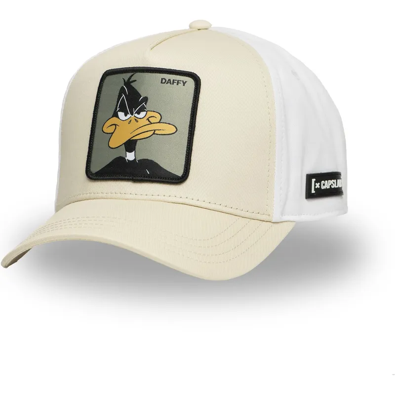 beige-und-weisse-gebogene-snapback-kappe-daffy-duck-loo11-daf2-looney-tunes-von-capslab