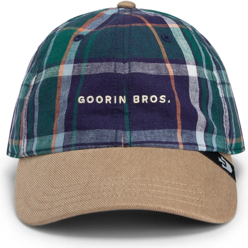 goorin-bros-curved-brim-hardly-working-papa-cap-madras-the-farm-marineblaue-und-braune-snapback-cap