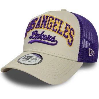 Casquette trucker beige et violette E Frame Script Los Angeles Lakers NBA New Era