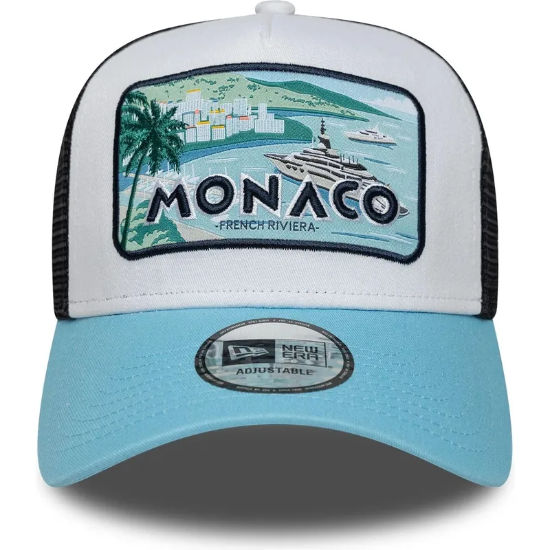 new-era-monaco-french-riviera-a-frame-summer-weisse-schwarze-und-blaue-trucker-kappe