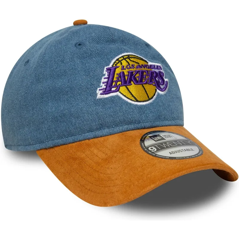blaue-und-braune-verstellbare-curved-cap-9twenty-denim-midi-der-los-angeles-lakers-nba-von-new-era