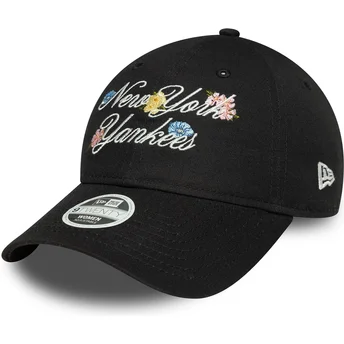 Schwarze gebogene verstellbare Damenkappe 9FORTY Floral Script der New York Yankees MLB von New Era