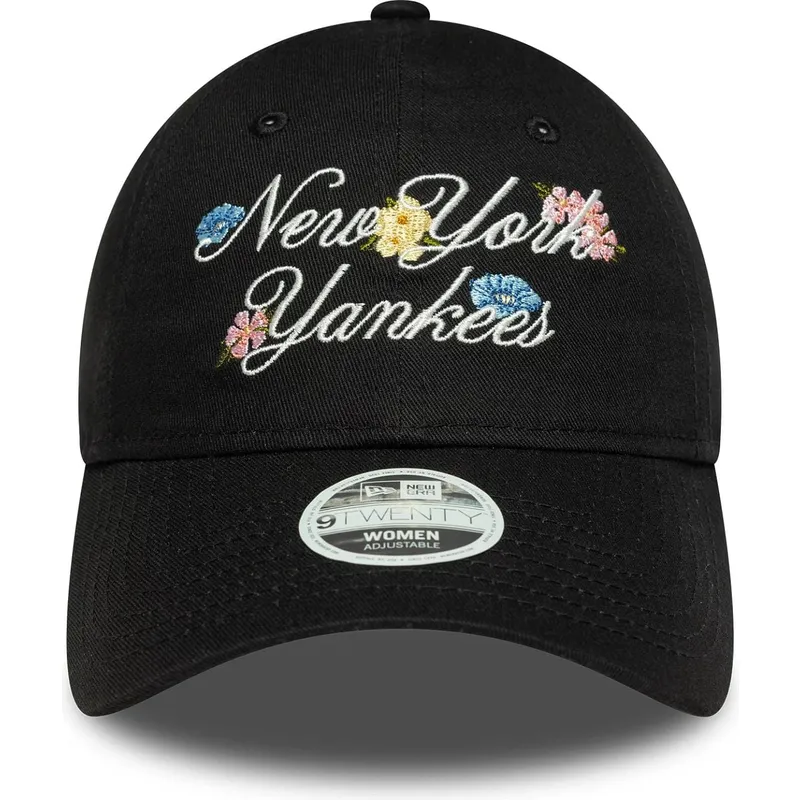 svart-justerbar-kurvad-keps-for-dam-9forty-floral-script-fran-new-york-yankees-mlb-av-new-era