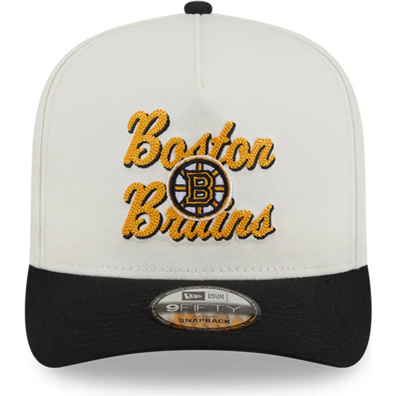 beige-und-schwarze-gebogene-snapback-kappe-9fifty-a-frame-chainstitch-der-boston-bruins-nhl-von-new-era
