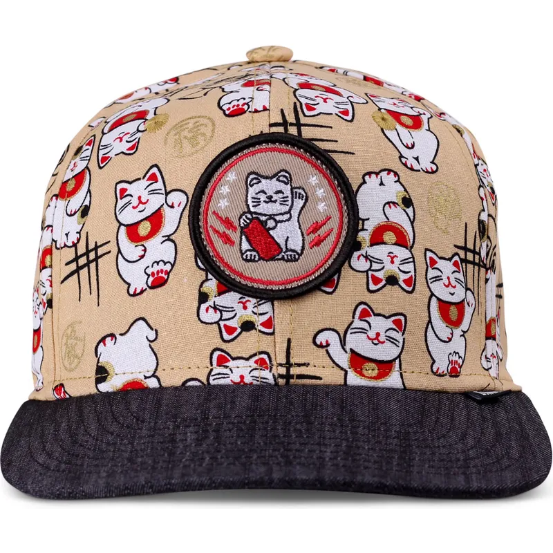 gorra-flach-beige-und-schwarz-snapback-fur-kinder-lucky-cat-linen-von-djinns