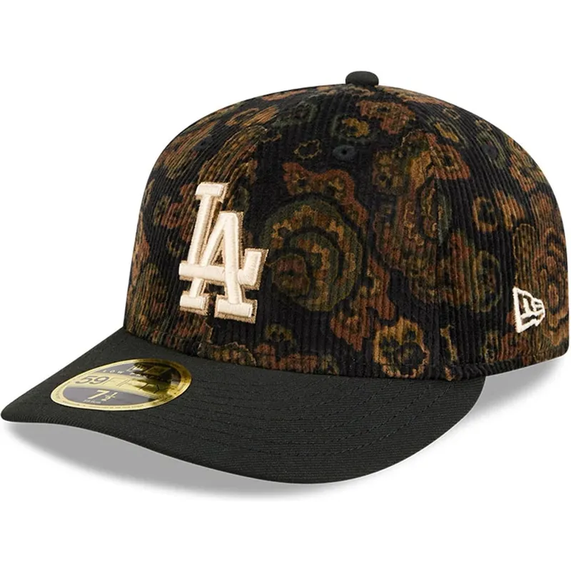 czarna-dopasowana-czapka-z-zakrzywionym-daszkiem-59fifty-low-profile-floral-cord-three-looms-printed-corduroy-los-angeles-dodger
