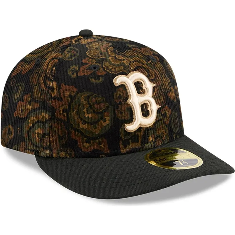 schwarze-gebogene-angepasste-kappe-59fifty-low-profile-floral-cord-three-looms-printed-corduroy-der-boston-red-sox-mlb-von-new-e