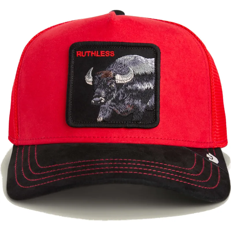 trucker-cap-rot-und-schwarz-buffel-ruthless-buffalo-suede-the-farm-von-goorin-bros