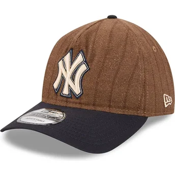 New Era Curved Brim 9TWENTY A Frame Wool Pinstripe New York Yankees MLB Brown and Navy Blue Adjustable Cap