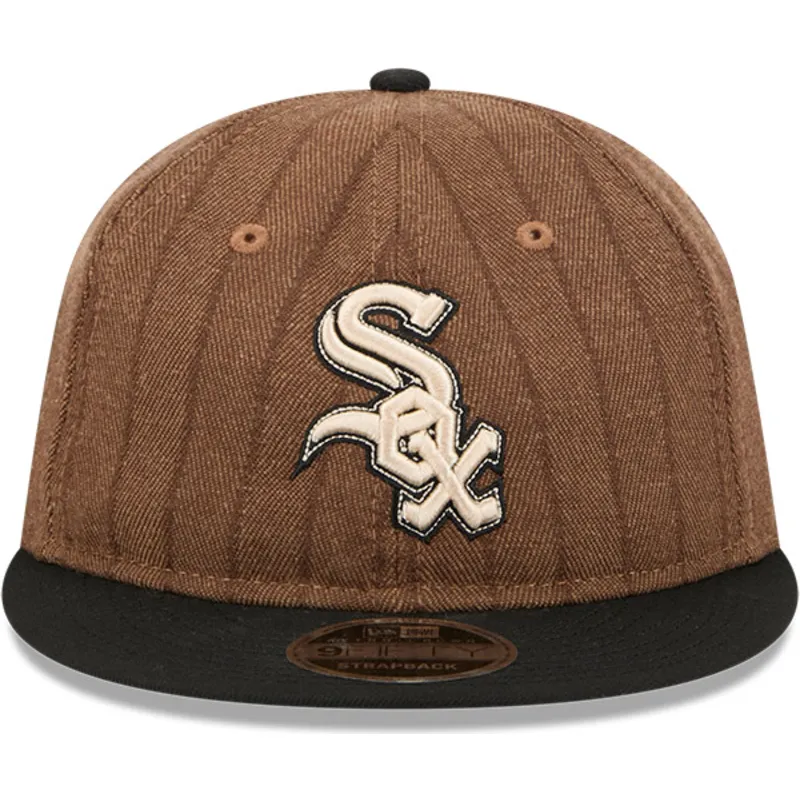 braune-und-schwarze-verstellbare-flatcap-9fifty-retro-crown-wool-pinstripe-der-chicago-white-sox-mlb-von-new-era