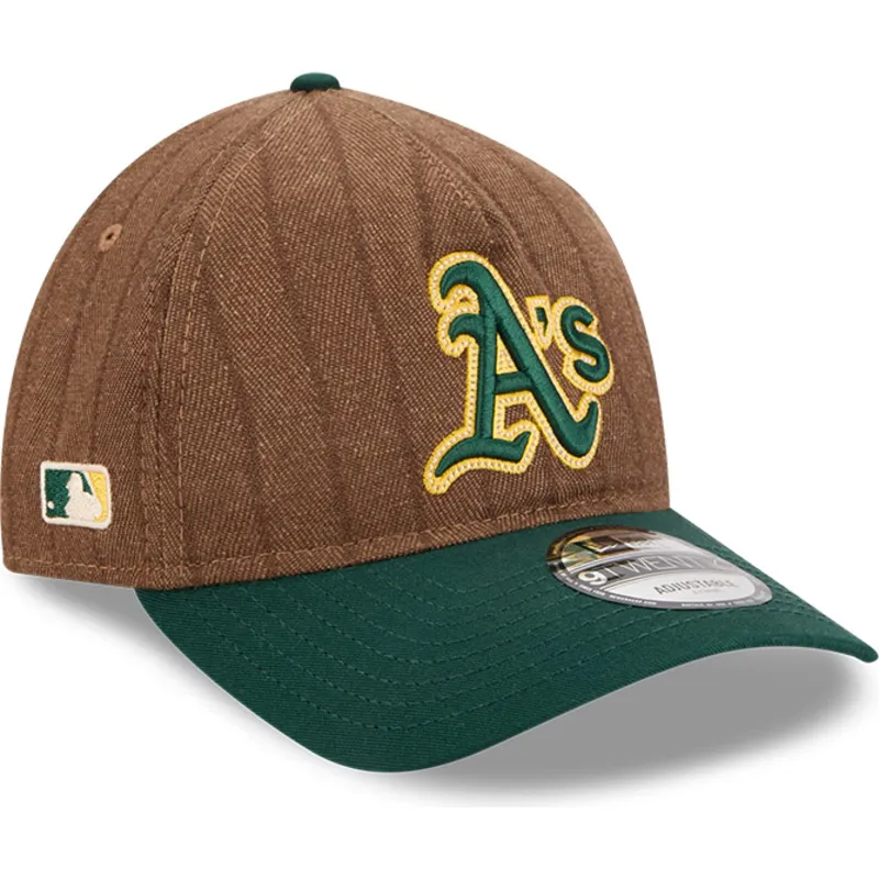 brun-och-gron-bojd-keps-justerbar-9twenty-a-frame-wool-pinstripe-fran-oakland-athletics-mlb-av-new-era