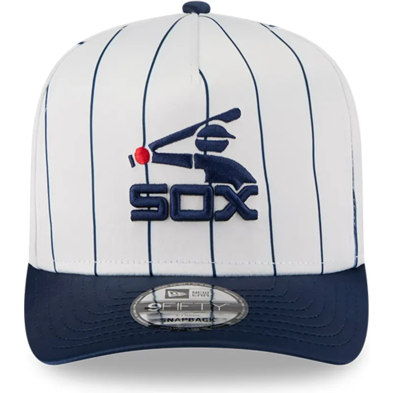 weisse-und-marineblaue-gebogene-snapback-kappe-9fifty-a-frame-satin-pinstripe-der-chicago-white-sox-mlb-von-new-era