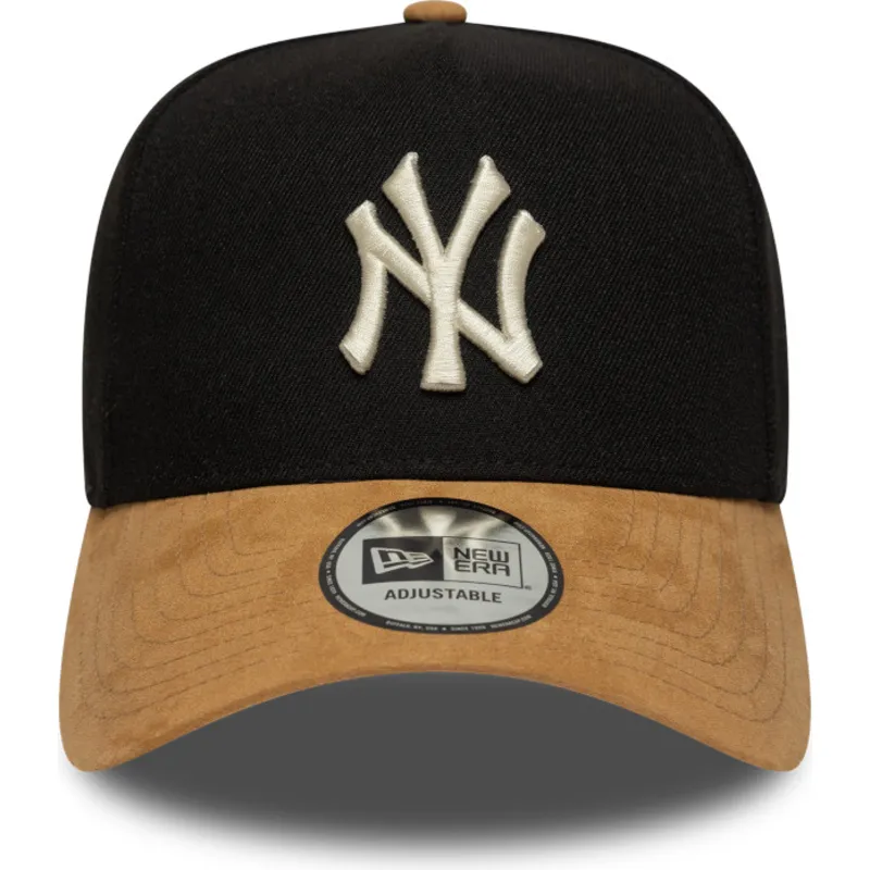 schwarze-und-braune-gebogene-snapback-kappe-9forty-e-frame-suede-visor-der-new-york-yankees-mlb-von-new-era