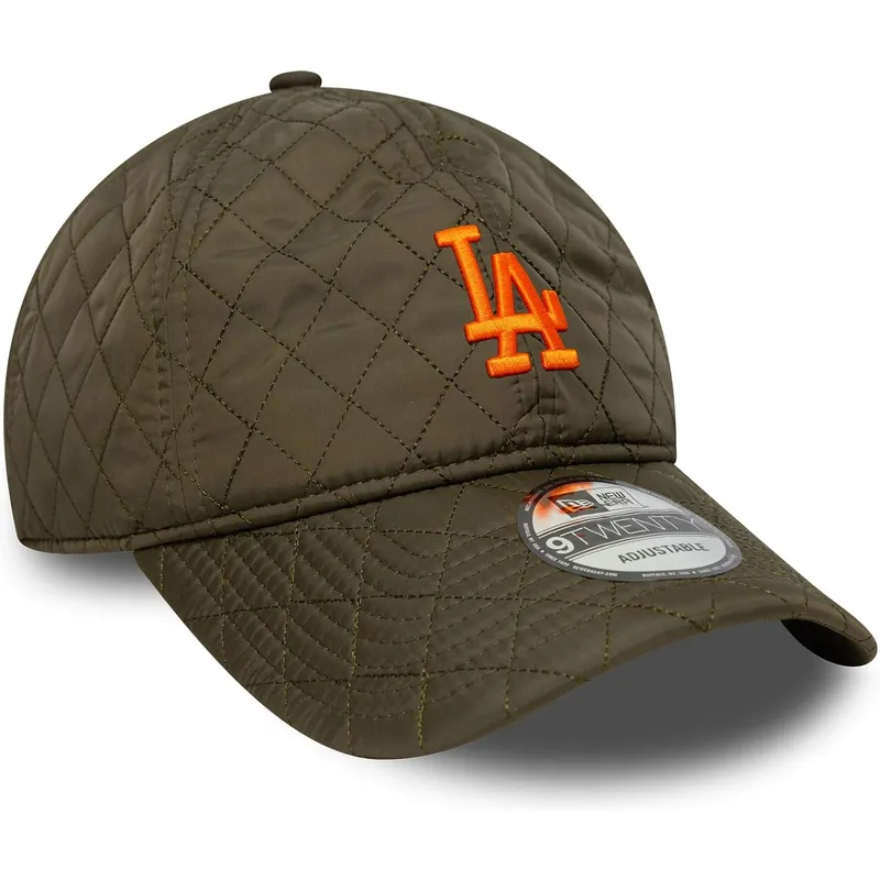 grune-verstellbare-curved-cap-mit-orangefarbenem-logo-9twenty-quilted-der-los-angeles-dodgers-mlb-von-new-era