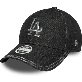 Verstellbare schwarze Damen-Cap mit gebogenem Schirm 9FORTY Sequin Denim der Los Angeles Dodgers MLB von New Era