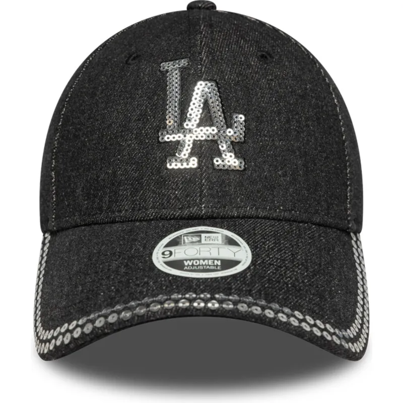 schwarze-verstellbare-damenkappe-9forty-sequin-denim-los-angeles-dodgers-mlb-von-new-era