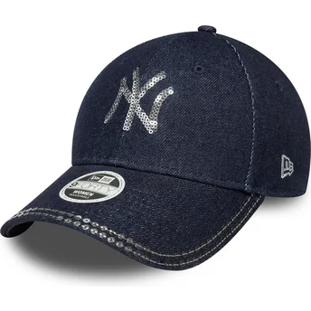 New Era Curved Brim Women 9FORTY Sequin Denim New York Yankees MLB Navy Blue Adjustable Cap