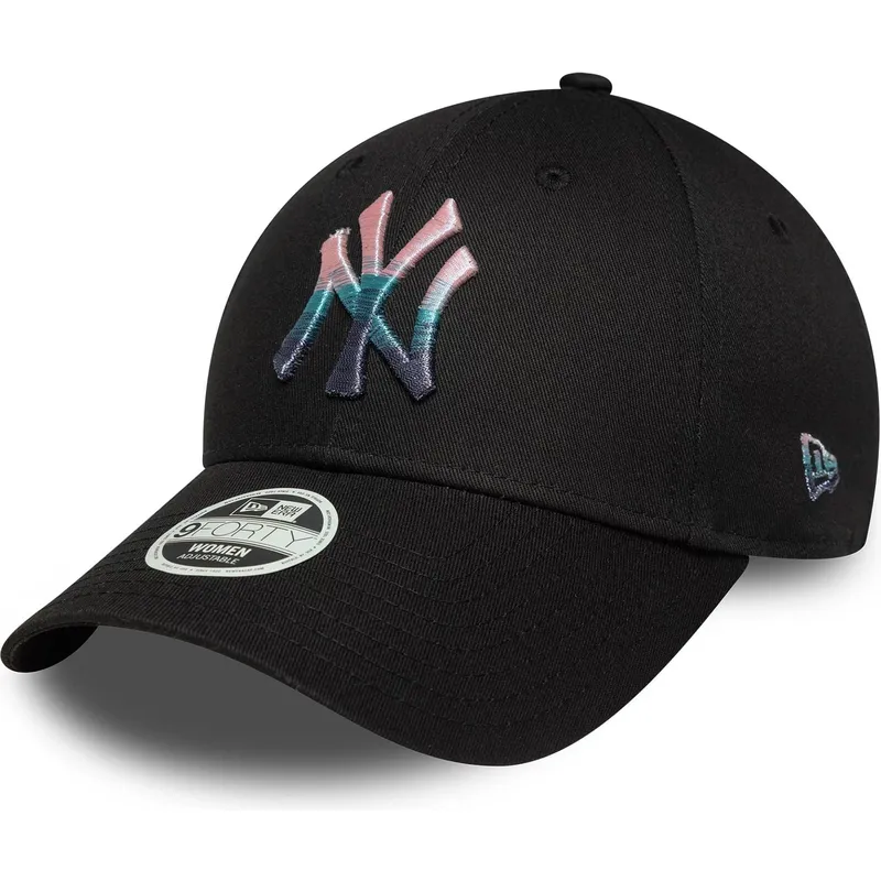 new-era-9forty-verstellbare-schwarze-damenkappe-mit-gebogenem-schirm-und-metallic-logo-der-new-york-yankees-mlb