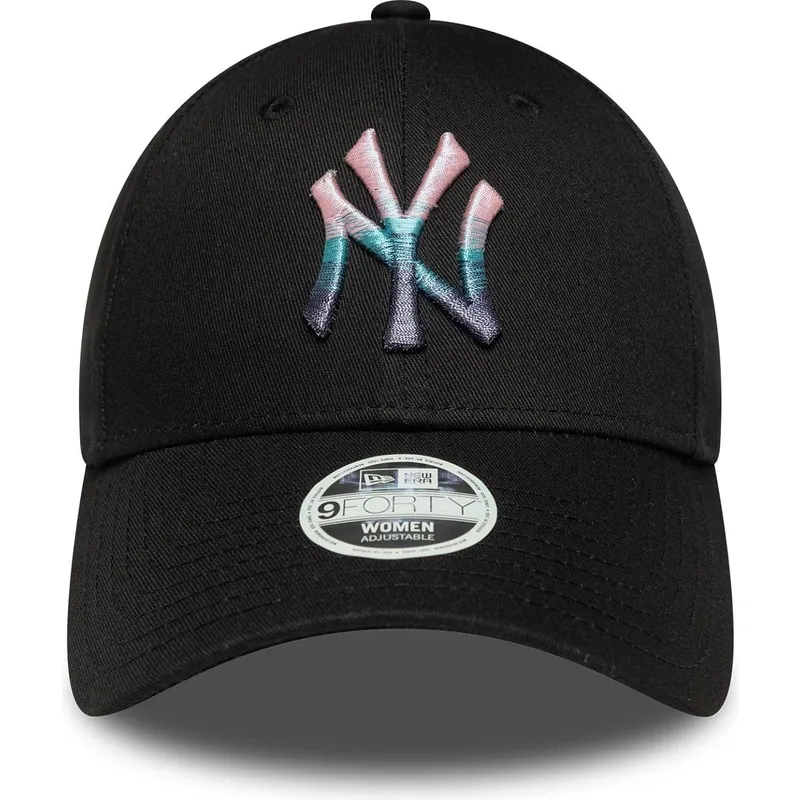 new-era-9forty-verstellbare-schwarze-damenkappe-mit-gebogenem-schirm-und-metallic-logo-der-new-york-yankees-mlb