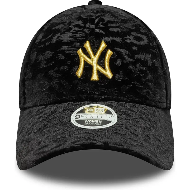 svart-justerbar-kurvad-keps-for-dam-med-gult-logotyp-9forty-leo-velour-metallic-fran-new-york-yankees-mlb-av-new-era