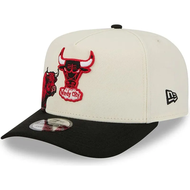 beige-und-schwarze-gebogene-snapback-kappe-9fifty-a-frame-precurved-hardwood-classics-der-chicago-bulls-nba-von-new-era