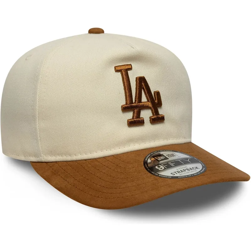 bezowo-brazowa-regulowana-czapka-z-zakrzywionym-daszkiem-9fifty-a-frame-suede-visor-los-angeles-dodgers-mlb-new-era