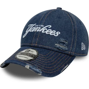 Blaue gebogene verstellbare Kappe 9TWENTY Denim Distress der New York Yankees MLB von New Era
